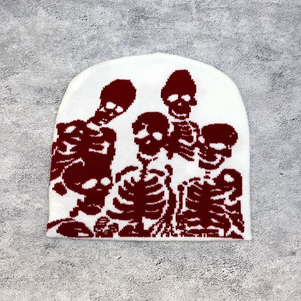 grunge punk red and white skeleton beanie